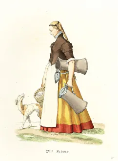 Edmond Lechevallier Chevignard Prints: German maid returning from market, 16th century