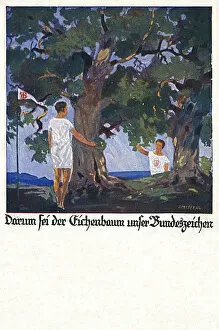 Gymnasts Gallery: German postcard, two male athletes under oak tree