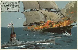 Burning Prints: German postcard, U-Boat and sailing ship, WW1