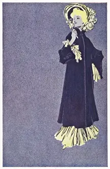 German poster design, elegant woman in purple coat