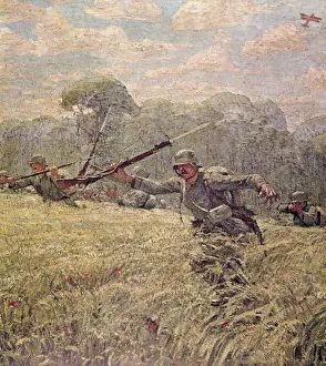 Cornfield Prints: German soldiers advancing through cornfield, WW1