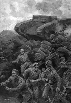 Matania Gallery: German soldiers fleeing from a firing tank, WW1