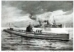 German submarine attacking merchant ship, WW1