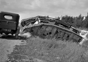 Ditch Prints: German tank at the side of a road, WWI