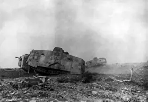 German tanks attacking Allied trench positions, WW1