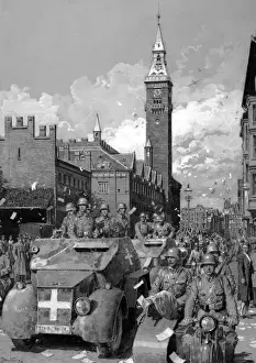 Civilians Prints: German troops driving down a street, WW2