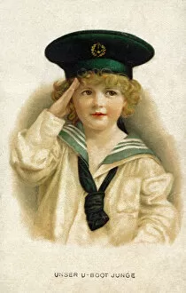 Images Dated 23rd June 2020: Germany - Our Submarine Boy - Patriotic postcard, end of WW1 era. Date: 1918