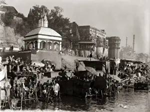 The ghats on the Ganges at Benares (Varanasi) India, circa 1