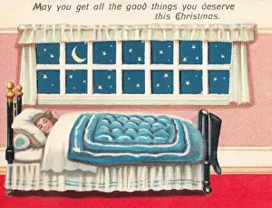 Girl asleep in bed on a Christmas card