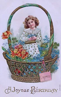 Wickerwork Gallery: Girl in a basket of flowers on a birthday postcard
