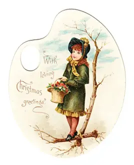 Girl with basket on a palette-shaped Christmas card