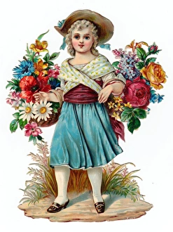 Images Dated 5th November 2015: Girl with baskets of flowers on a Victorian scrap