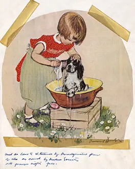 Bathtime Prints: Girl bathing dog by Muriel Dawson