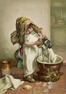 C1895 Prints: Girl Baths Dog C1895