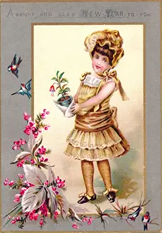 Potted Prints: Girl with birds and flowers on a New Year card
