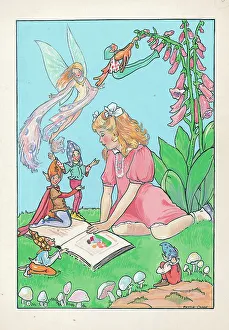 Phyllis Prints: Girl with book and fairies