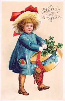 Forgetmenot Prints: Girl with box of flowers on a French New Year postcard