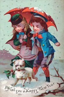 Images Dated 23rd November 2015: Girl and boy with dog on a New Year card