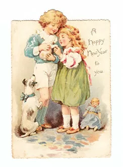 Images Dated 11th December 2015: Girl and boy with dog and puppy on a cutout New Year card