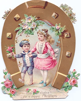 Victorian and Edwardian Christmas Cards Gallery: Girl and boy with flowers on a shaped Christmas card