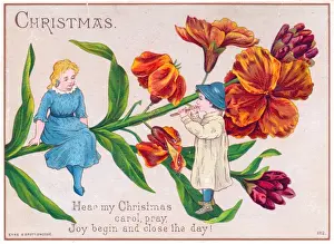 Serenade Prints: Girl and boy with large flower on a Christmas card