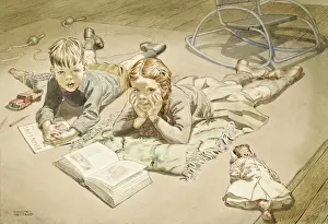 Sheppard Prints: Girl and boy lie on the floor surrounded by toys
