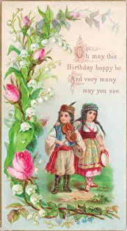 Tambourine Prints: Girl and boy in peasant costume on a birthday card