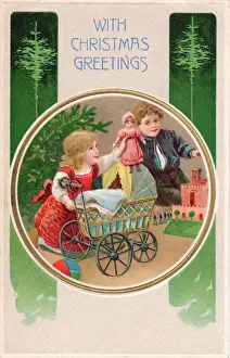 Girl and boy with presents on a Christmas postcard