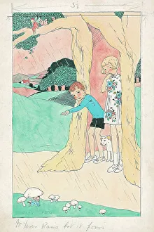 Gladys Collection: Girl and boy sheltering in a tree