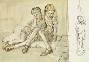 Panelled Gallery: Girl and Boy sitting on cushions