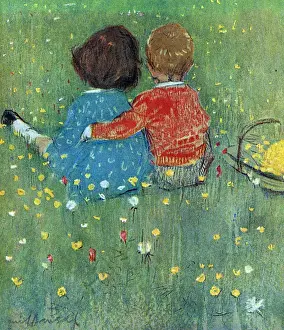 Springtime Prints: Girl and boy sitting on grass by Muriel Dawson