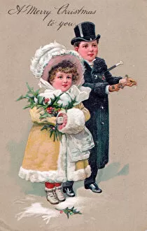 Images Dated 5th July 2018: Girl and boy in the snow on a Christmas postcard