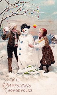 Images Dated 2nd November 2015: Girl and boy with snowman on a Christmas postcard