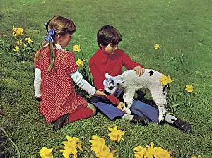 Springtime Prints: Girl and boy with spring lamb