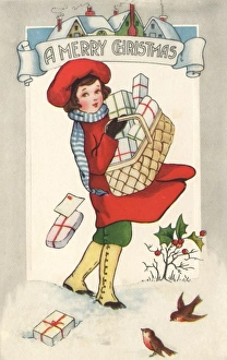 Images Dated 31st August 2012: Girl carrying basket of Christmas presents