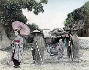 Bearers Prints: Girl in carrying chair with bearers in grass coats, Japan