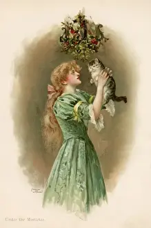 Girl, Cat, Mistletoe