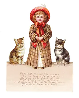 Girl with two cats on a cutout greetings card