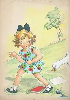 Girl chased Children's Postcard design Watercolour