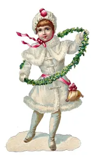 Ribbons Prints: Girl with circle of leaves on a Victorian Christmas scrap