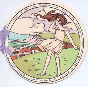 Girl on cliffs on a windy day on a circular greetings card