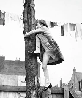 Girl climbing tree, line of washing, Balham, SW London