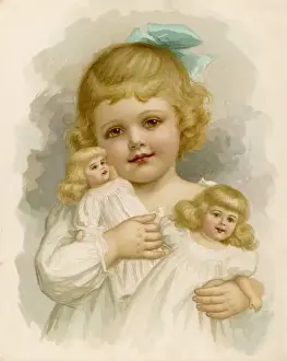 Girl Clutching 2 Dolls