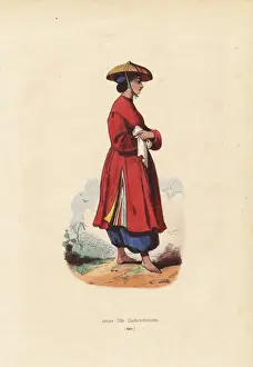 19thcentury Prints: Girl of Cochinchine (Vietnam) in straw hat, ao dai tunic