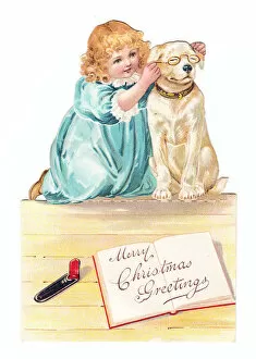 Images Dated 5th July 2018: Girl and dog on a cutout Christmas card