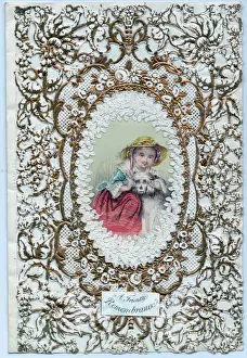 Surround Prints: Girl and dog on a paper lace friendship card