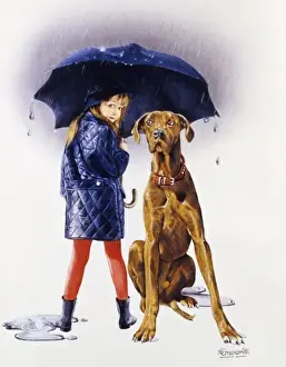 Girl and dog shelter from the rain