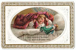 Girl and doll in bed on a New Year card