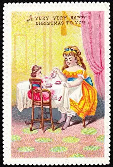 Teatime Collection: Girl and doll having tea on a Christmas card
