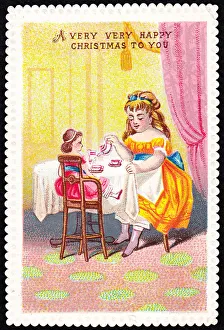 Teatime Collection: Girl and doll having tea on a Christmas card